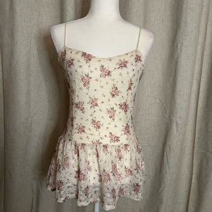 Finn & Clover Cottage Fairy Spaghetti Strap Floral Lace Ruffle Blouse Top